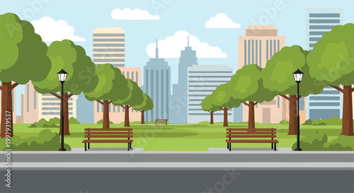 A serene urban park with trees and benches