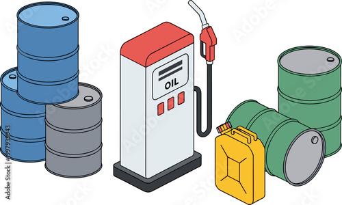 Diesel fuel pump and barrels in industrial setting with bright colorful lighting for energy and transportation