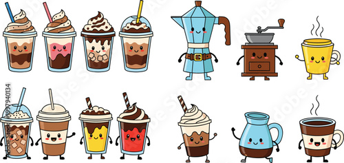 Cute cartoon coffee emoji cup character vector set featuring iced frappes, espresso maker, grinder, and latte mugs for cafe branding, stickers, and social media icons isolated on white background