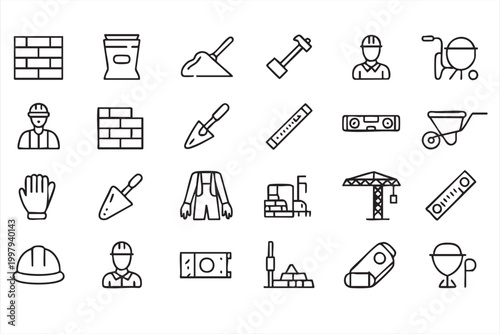 Real estate line icons showing home buying selling contract and property services