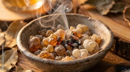Burning frankincense resin pieces in ceramic bowl with soft aromatic smoke rising.