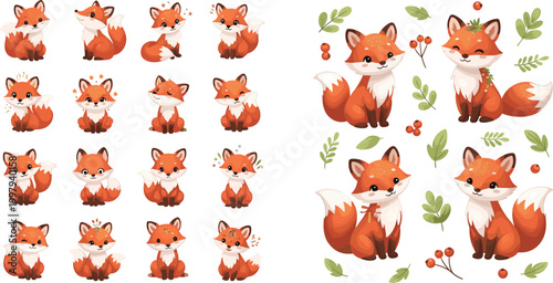 Cute cartoon red fox character vector set featuring various expressions and poses with autumn leaves and berries for children's stickers, nursery decor, and woodland animal themed illustrations.
