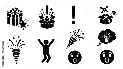 Set of black and white icons related to surprise ideas and celebrations with gifts and people.
