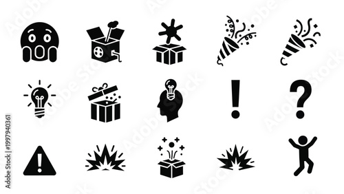 Bold black and white icons representing surprise ideas and celebrations with emojis and gifts.
