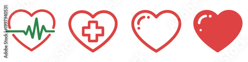 Heart icons heartbeat icon, love symbol and ECG pulse line, medical heart rate and affection