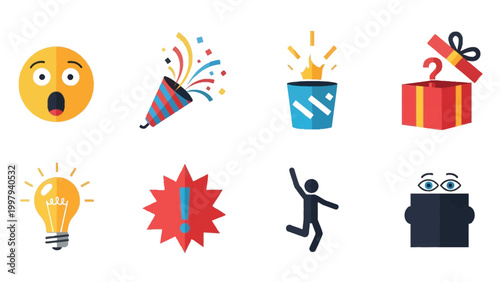 Set of colorful surprise and celebration icons, emotional reactions and festive elements, vector illustration.