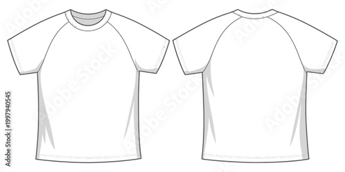 Raglan Baby Tee Technical Fashion Illustration, Slim Fit White Baby Tee Vector Template with Crew Neckline and Short Raglan Sleeves, Front and Back View Ladywear CAD Mockup