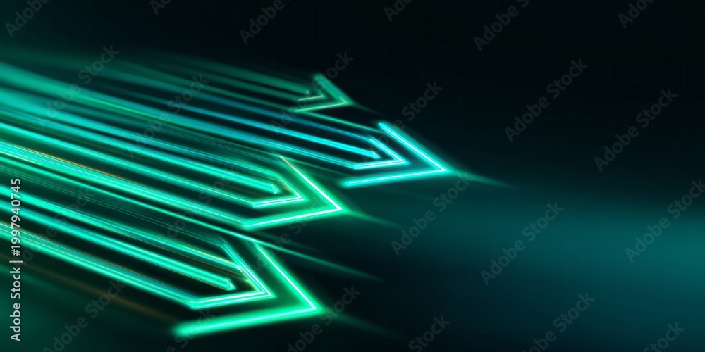 Fototapeta premium Glowing green arrows indicate forward motion on a dark background.