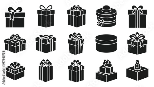 Set of black gift boxes silhouettes with ribbons and bows on white background, different shapes presents for holiday.
