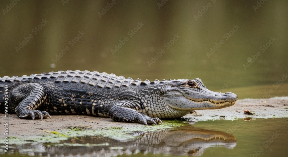 Fototapeta premium alligator resting on riverbank on National Alligator Day