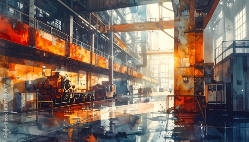 A dimly lit industrial warehouse interior with reflections
