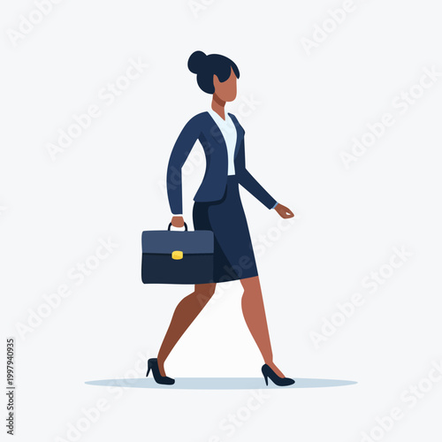 Professional woman walking with briefcase, focused on work.