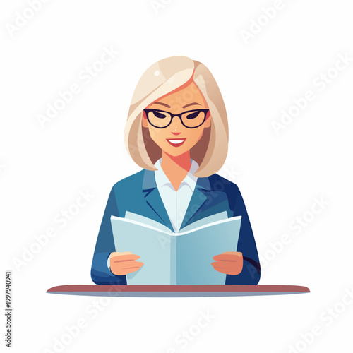 Professional Woman Reading Book at Desk.