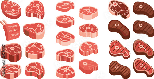 Premium raw beef steak and grilled meat vector set featuring various cuts like ribeye, sirloin, and T-bone for butchery shop menus, barbecue restaurant branding, and cooking illustrations.