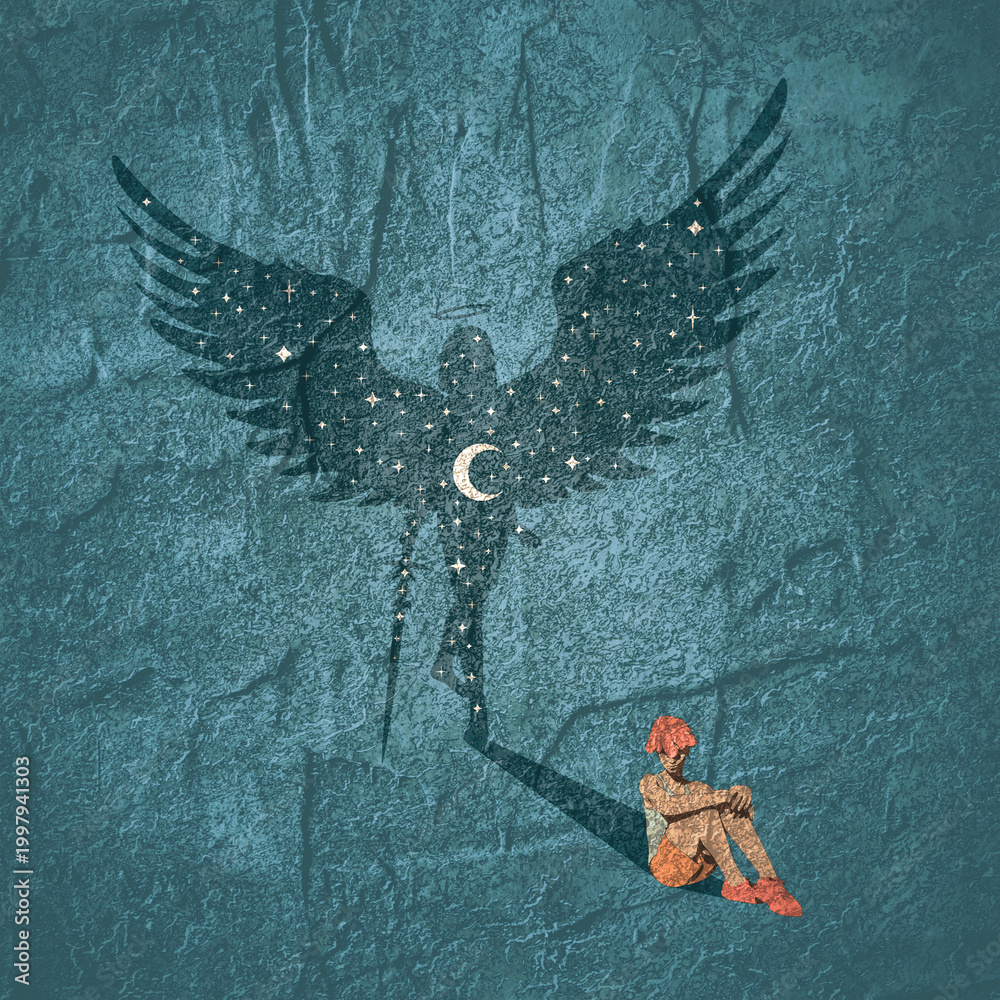 Fototapeta premium Illustration of a beautiful woman sitting on floor. Young attractive woman and her fantasy shadow as woman angel with huge bird wings. Moon and stars.
