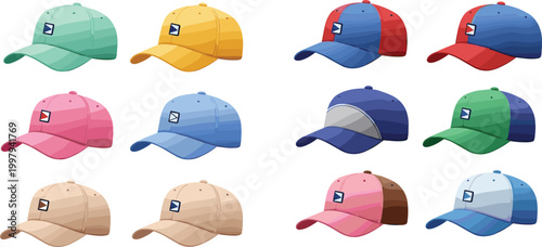 Colorful baseball cap and trucker hat vector set in various side profiles for fashion apparel mockups, sports team branding, and casual summer streetwear accessories isolated on white background.