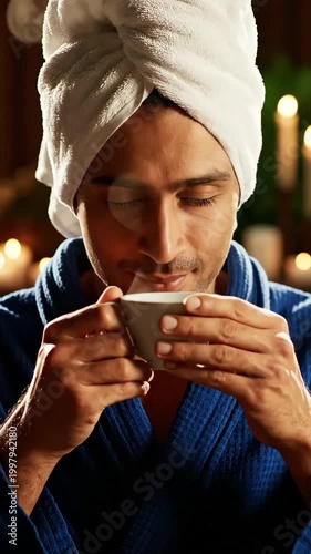 Man in Blue Bathrobe Relaxing with Hot Coffee and Towel Wrap