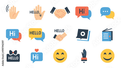 Collection of communication and social interaction icons in flat style.