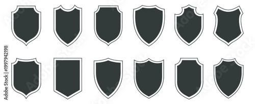 Police badge shape, vector military shield silhouettes, security emblem design, football patch template protection symbol illustration.