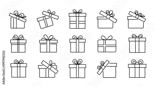 Outline collection of open and closed gift boxes with ribbons and bows for holidays.