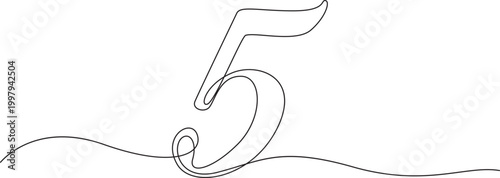 Continuous line drawing number five in elegant single stroke style. Hand drawn mathematical symbol. Ideal for modern educational materials and minimalist graphic design