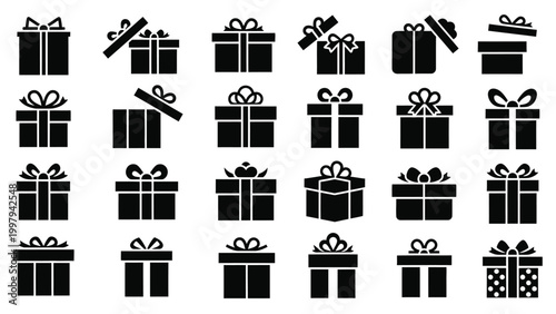 Black and white icons of gift boxes with ribbons and bows, various styles.