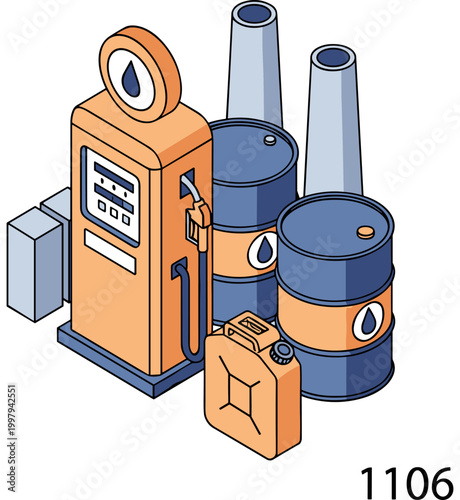 Vintage oil gas pump with barrels and can in industrial retro style with blue and orange colors in flat illustration for business finance
