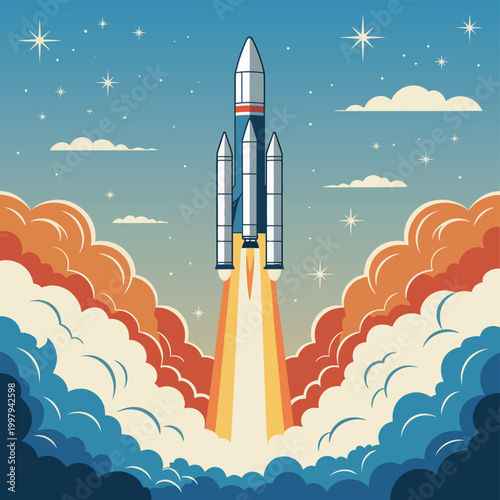 Rocket Launch Vertical Flight Illustration with Flame and Smoke, Space Shuttle Takeoff Scene, Powerful Ignition Blast, Aerospace Technology Concept, Dynamic Vector Illustration