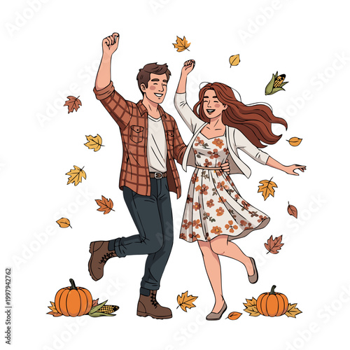 Young couple dancing joyfully at harvest festival with autumn leaves  