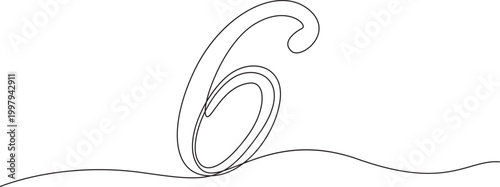 Continuous line drawing number six in elegant single stroke style. Hand drawn mathematical symbol. Ideal for modern educational materials and minimalist graphic design
