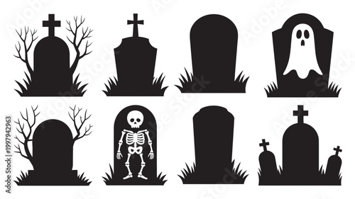 Collection of halloween tombstone and graveyard graphic elements with ghost and skeleton tombstone graveyard