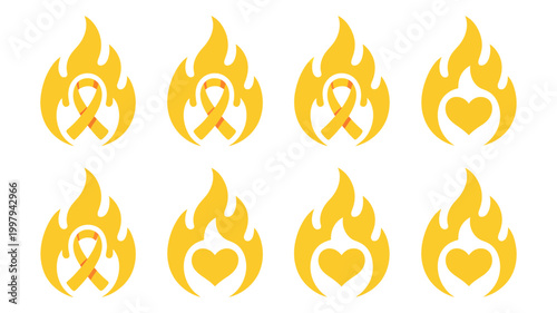 Yellow ribbon and heart symbols in flames representing awareness and hope with awareness dedication strength