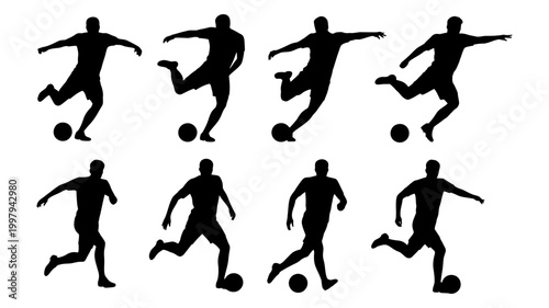 Silhouettes of soccer players in action poses kicking and running with the ball football silhouette