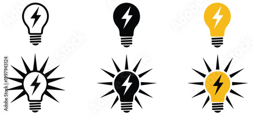 Lamp with lightning icon vector light bulb and thunderbolt sign symbol, energy idea power inspiration and innovation