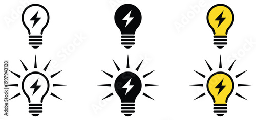 Fotografie Lamp with lightning icon vector light bulb and thunderbolt sign symbol, creative