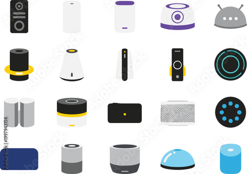 Vector Icon Set of Modern Technology Devices including Smart Home Appliances, Air Purifiers, Robots, and Sensors for Websites and App Design