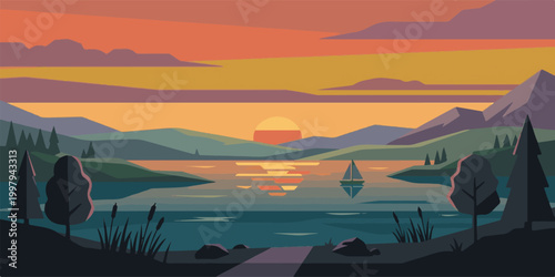 Beautiful panorama of a red sunset over the mountains and river with orange clouds reflecting on the water at dawn