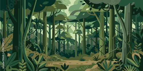 Tropical jungle landscape featuring an abstract grunge background with green palm and bamboo leaves for a summer nature vector design