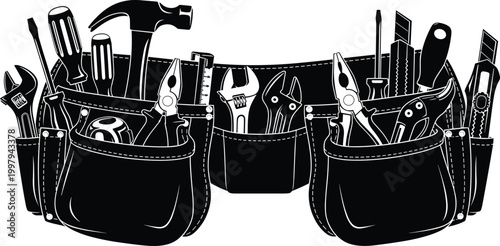 Tool belt with hand tools silhouette vector illustration construction equipment kit hammer pliers screwdriver wrench carpentry maintenance toolkit design