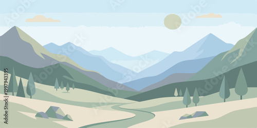 A breathtaking alpine panorama features snow-capped mountain peaks rising above a lush summer forest under a vibrant sunrise sky filled with soft clouds