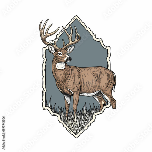 Vintage whitetail deer buck standing in grass field retro badge style illustration