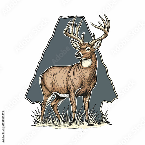Vintage whitetail deer buck standing in grass field retro badge style illustration