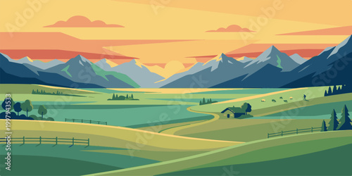 A panoramic summer view of a green mountain valley featuring rolling hills and grassy meadows under a bright sun and cloudy sky