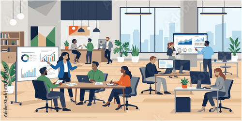 A group of business people including a woman and businessman sitting at a table in a cafe and office for a teamwork discussion and professional meeting presentation