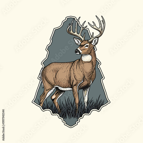 Vintage whitetail deer buck standing in grass field retro badge style illustration