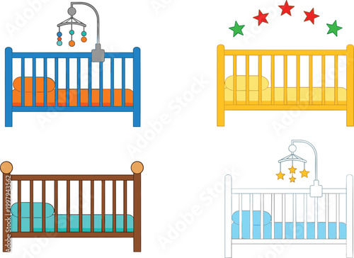 Set of Baby Crib Icons with Colorful Designs for Nursery Furniture, Infant Care, Sleep Time, Parenting, and Child Bedroom Interior Design Concepts