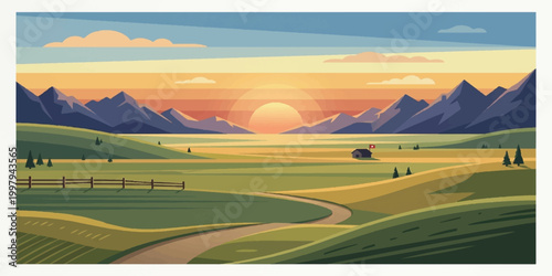 A golden sunset glows over a vast mountain landscape where the sun dips below the horizon to cast light across a green valley and winding rural road