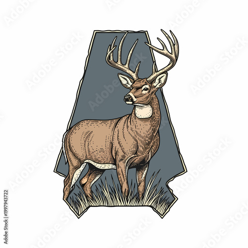 Vintage whitetail deer buck standing in grass field retro badge style illustration