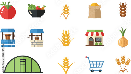 Set of Agriculture and Farming Icons with Crops, Wheat, Tomato, Onion, Market Stall, Greenhouse, Well, and Harvest Elements for Rural and Food Production Design Concepts
