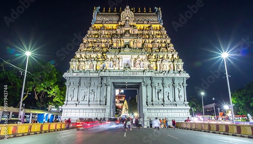 A nighttime view of a large ornate temple entrance with a busy street